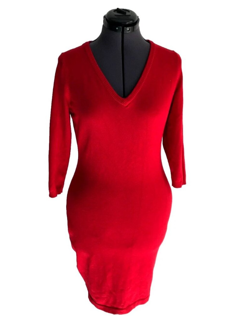 Calvin Klein Red V-Neck Sweater Knit Dress Solid 3/4 Sleeve, Size M